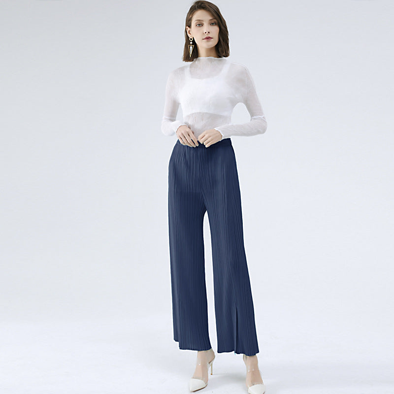 Casual Pants Simple Loose Comfortable Stretch Pleated Trousers Split Straight Pants Women