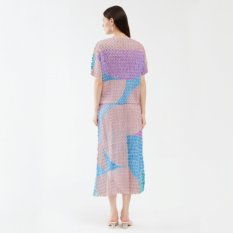 Contrast Color Top Suit Loose Casual Skirt Two-Piece Set for Women