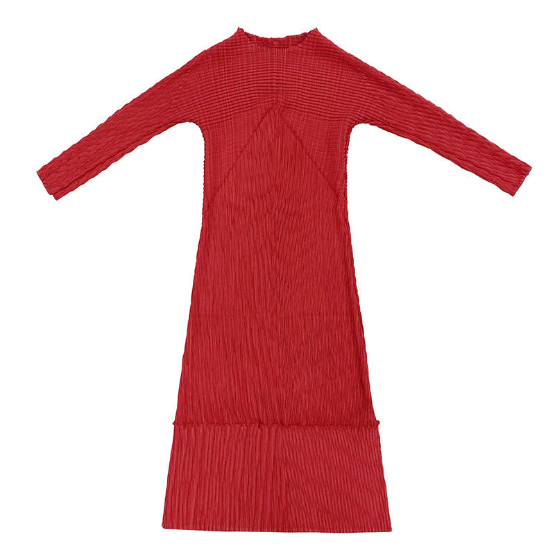 Scale Pleated Dress round Neck Solid Color Long Sleeve Skirt Women's Sense Dress