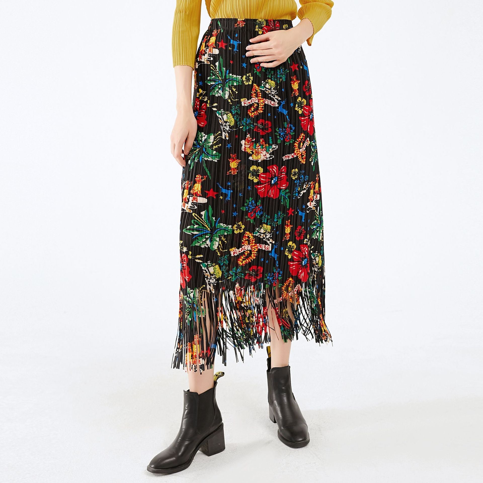 Floral Skirt Elastic Waist All Match Retro Style Pleated Skirt Women's Mid-Length Dress