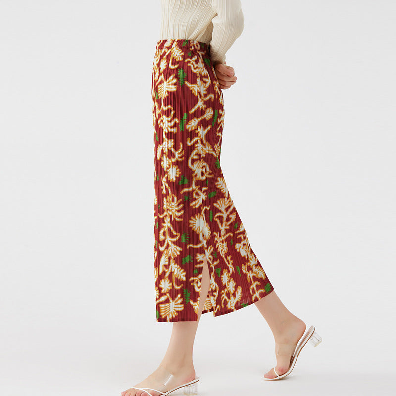 Nanyou Winter Print Waist Slit A- line Skirt Slimming Temperament Sheath Skirt for Women