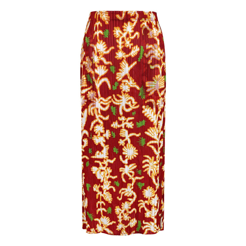 Printed Skirt Women's Summer and Autumn Waist Slit A- line Skirt Slimming Hip Skirt for Women