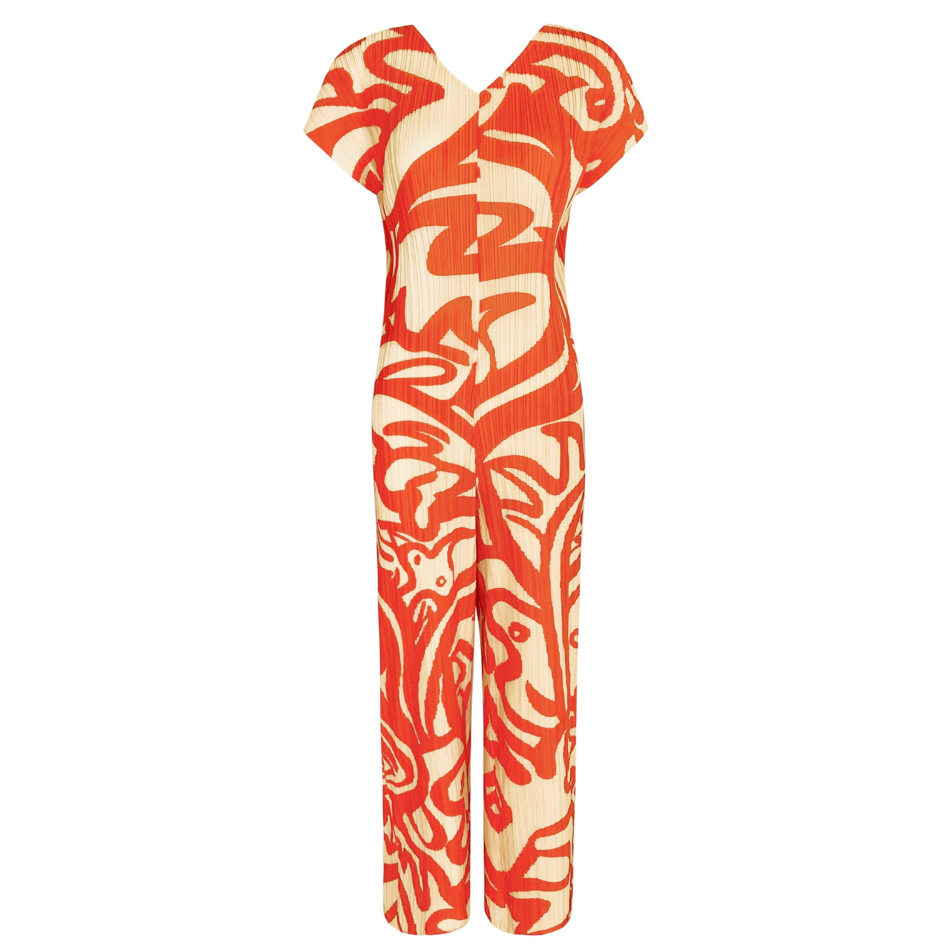 Painting Pleated V-neck Short Sleeve Slim Fit Casual Style Women's Jumpsuit