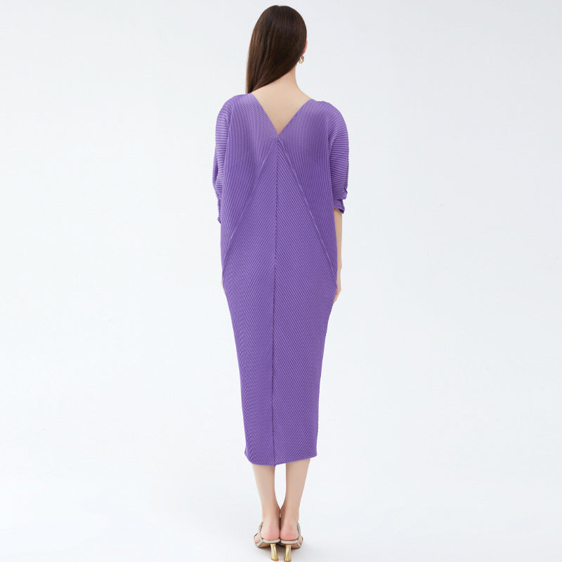 Scale Pleated Dress Mid-Length Five-Quarter Sleeve Elegant Solid Color Dress Women