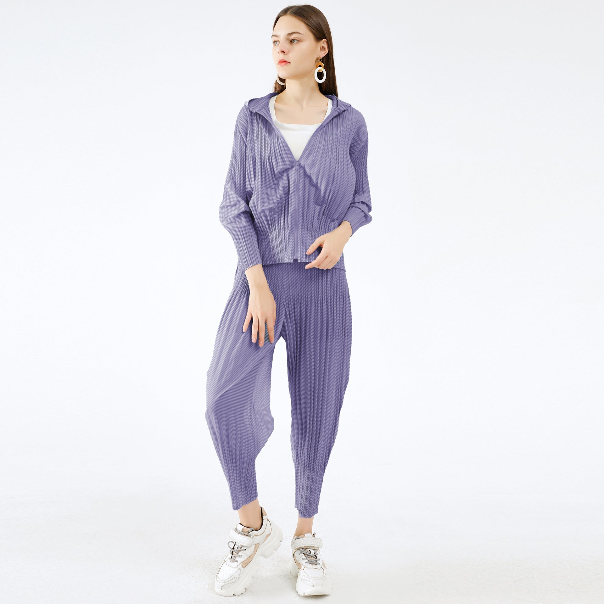 Casual Pleated Loose Striped Jacket Harem Pants Two-Piece Set