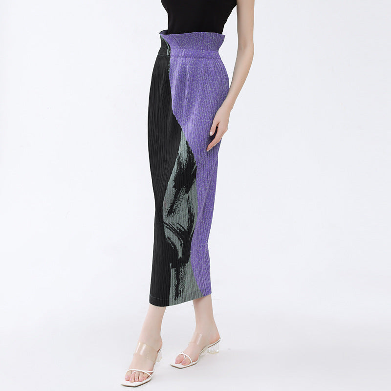 Color Block Printing Waist Skirt Design Pleated Back Zipper Cardigan Slim Skirt