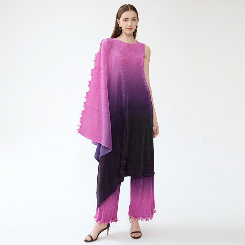 Cross-Border Irregular One-Shoulder Sleeve round Neck Gradient Color Dress Casual Pants Two-Piece Set