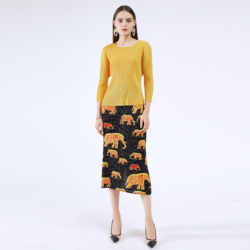 Pleated Casual Slim Fit Versatile Elephant Printed Spring and Winter Skirt A- Line Sheath Skirt
