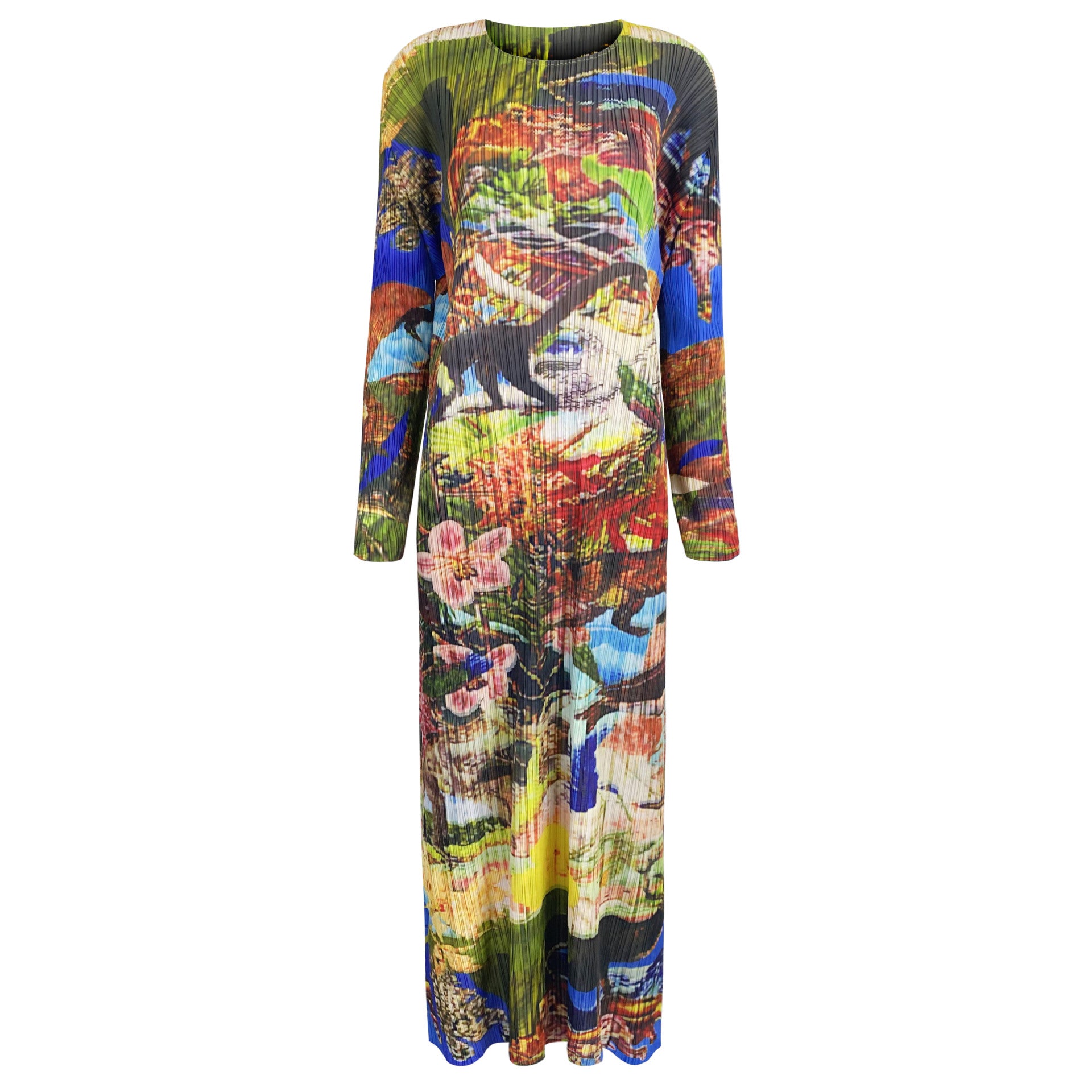 Dress Women's Jurassic Print Long Sleeve round Neck A- line Skirt Long Color Skirt