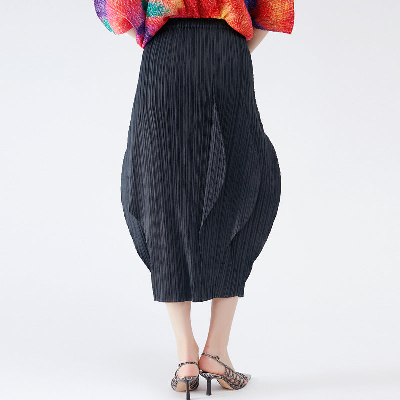 Casual Black Color & Pleats Skirt Mid-Length Waist Bag Hip Bud Skirt Women