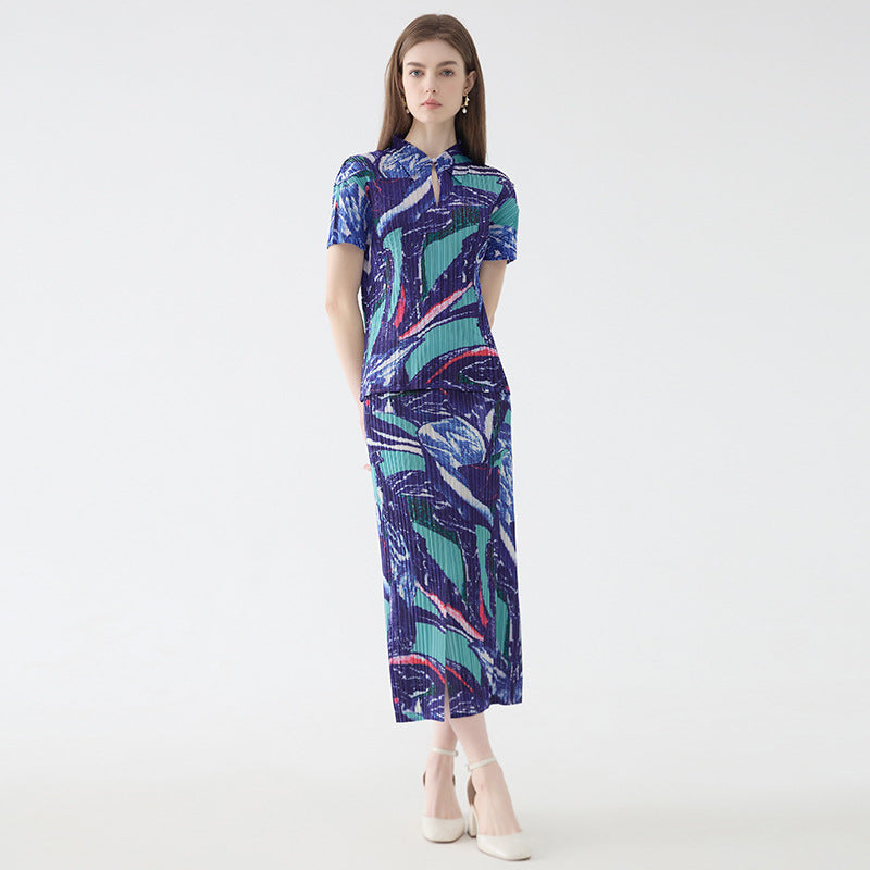 Floral Suit Women's Polo Collar Short-Sleeved Shirt Straight Printed Skirt Two-Piece Suit Women's