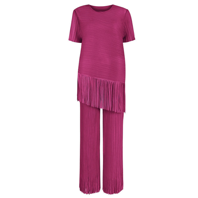 Pleated Design Solid Color Tassel Short-Sleeved Top Waist Trousers Suit Women Two-Piece Suit