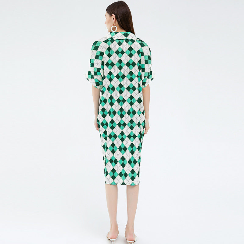 Lapel Pleated Skirt Design Long Skirt Plaid Dress Female Temperament