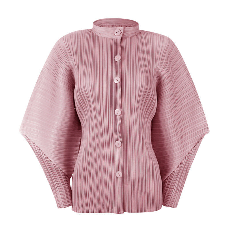 Batwing Long Sleeve Stand Collar Top Loose Slimming Shirt Cardigan Buckle Niche Horn Style