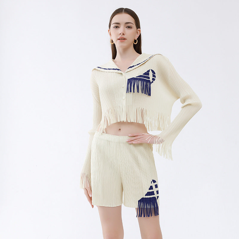 Sense of Design Shirt Shorts Sailor Two-Piece Set Women Tassel Contrast Color Waist Shorts Suit Women