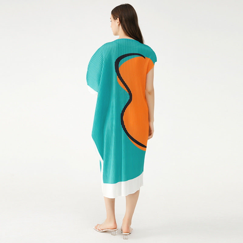 Elegant Dress Crew Neck Casual Style Loose Mid-Length Casual Pleated Women