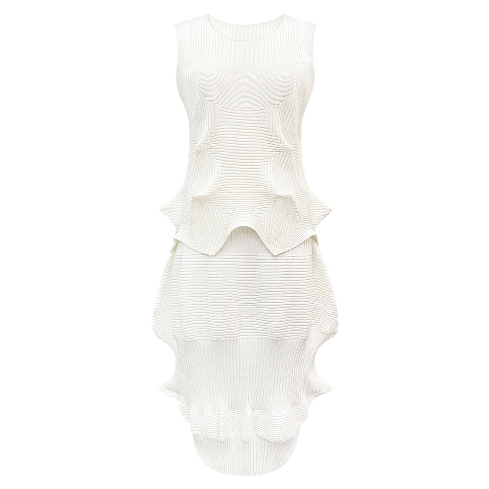 Sea Urchin Knitted Sleeveless Two-Piece Suit Women's Vest Top Bubble Skirt