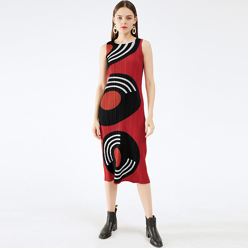 Dress Women's Temperament Crew Neck Mid-Length Circle Printing Versatile Slimming Small Red Dress