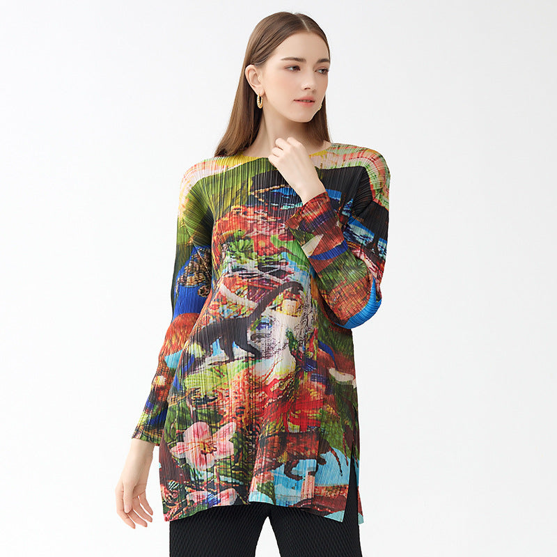 Dinosaur Painting Printed round Neck Long Sleeve Slim Design plus Size T-shirt