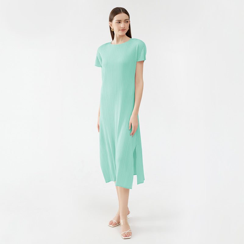 Pure Color Split Dress Pleated Pleated Skirt round Neck Short Sleeve Casual Elegant Basic Skirt