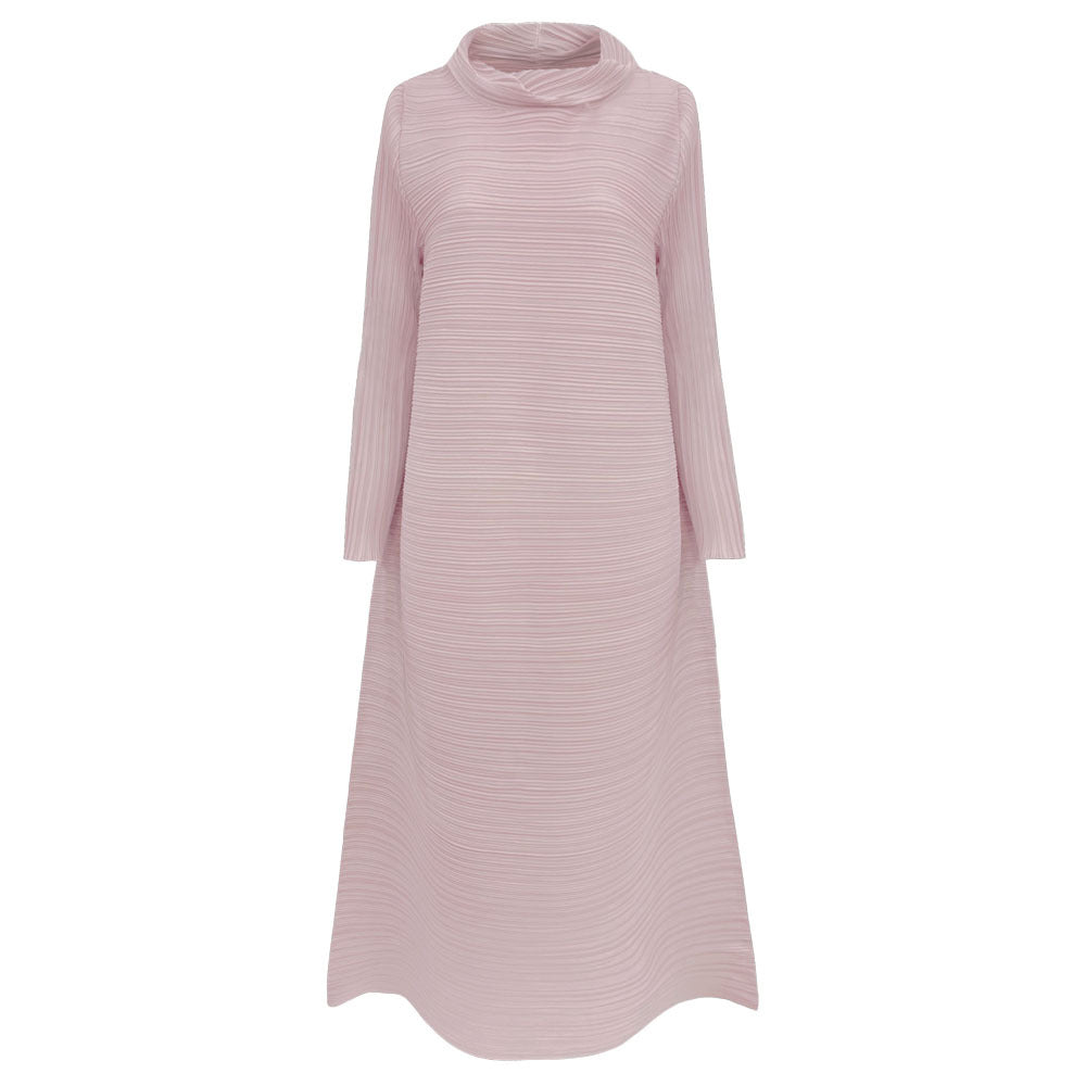 Scarf Collar Dress Women's Loose Long Sleeve Solid Color A- line Midi Dress