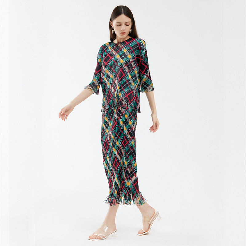 Casual Rhombus Suit Design Blouse Tassel A- line Skirt Women's Two-Piece Set