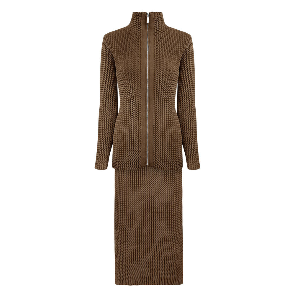 Long Sleeve Stand-up Collar Slim Fit Zipper Woolen Top Thickened Skirt Wave Pleated Two-Piece Suit Women