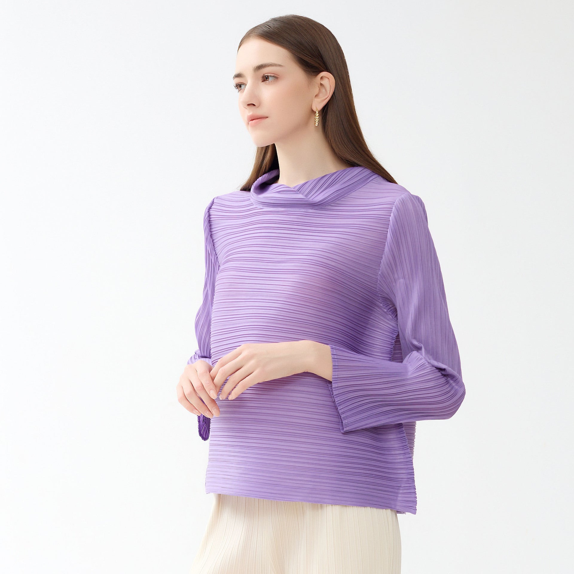 Long Sleeve A- line Scarf Collar Slim-Fit Solid Color plus Size T-shirt