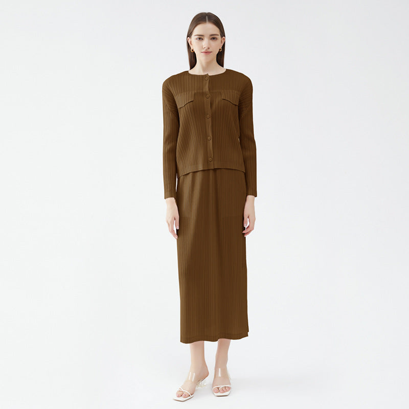 Basic Style Shirt Skirt Two-Piece Set for Women Slit Skirt Sun-Proof Set for Women