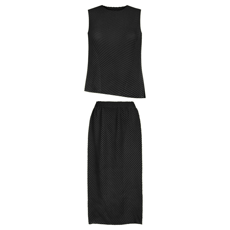 Casual Style Scale Pleated Solid Color Sleeveless Top and Skirt Casual Suit Women