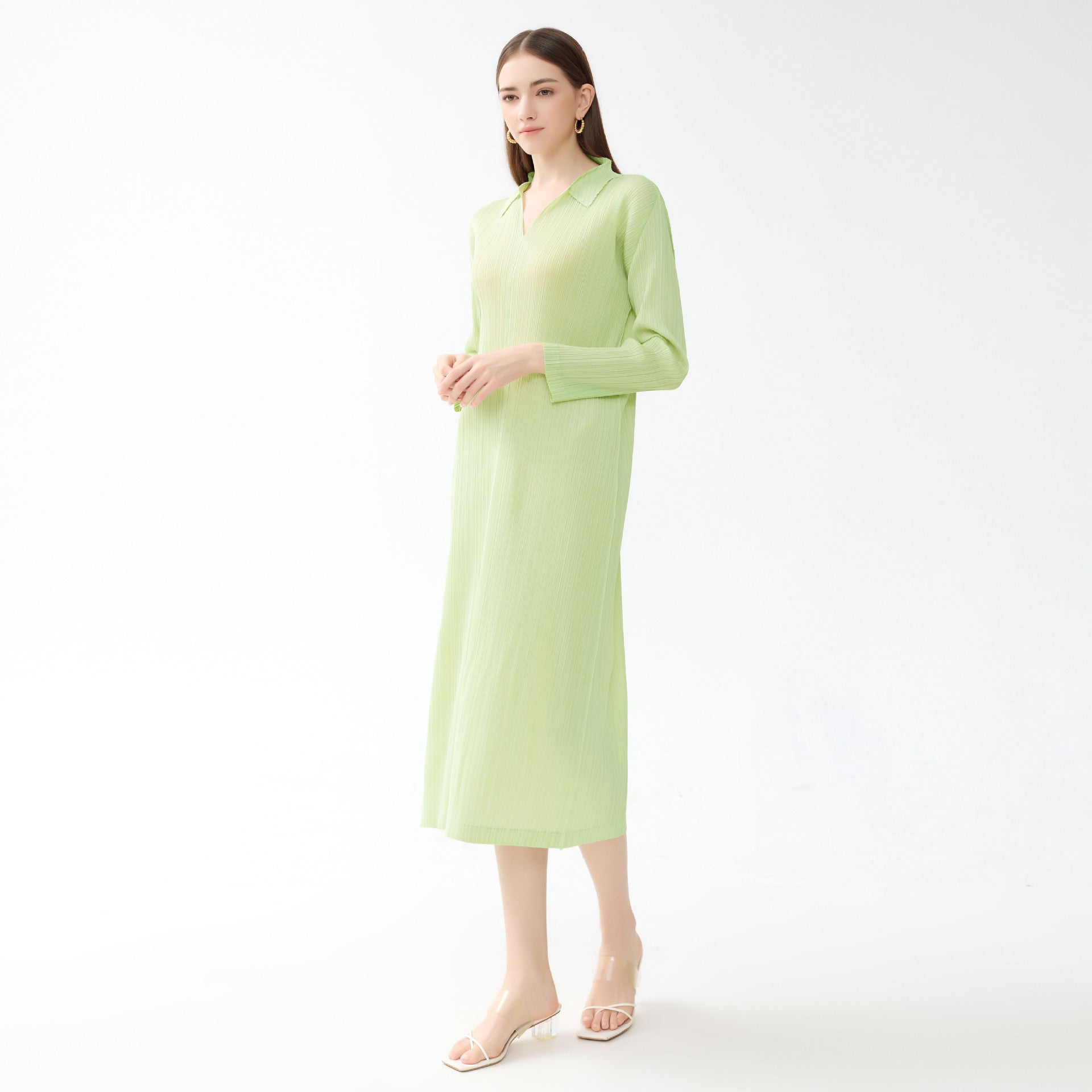 Dress Polo Collar Long Sleeve A- line Skirt for Women