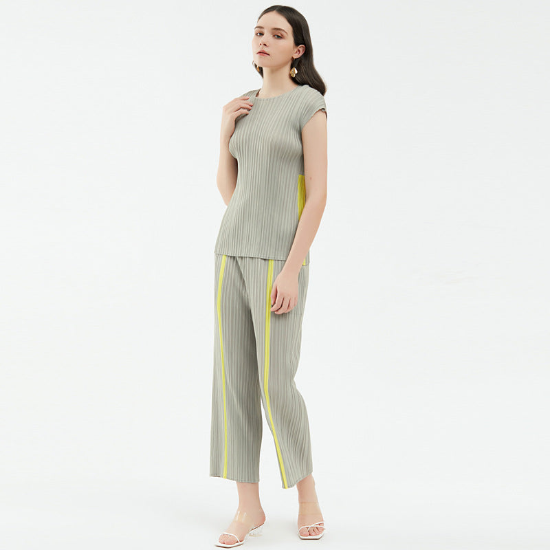 Contrast Color Suit Women's Loose Short-Sleeved Shirt Casual Pants Two-Piece Set Slimming Suit Suit