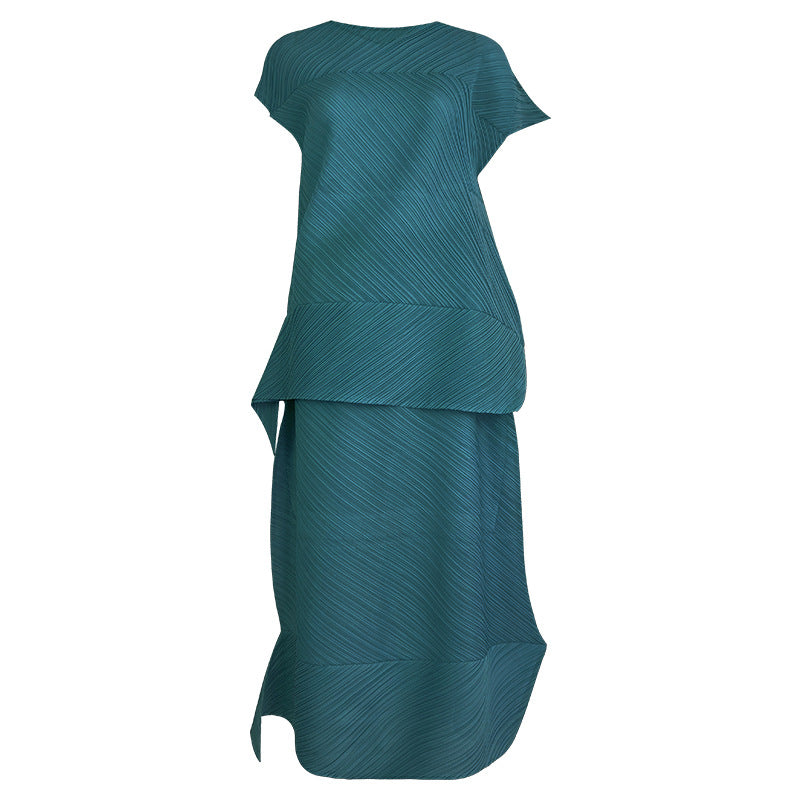 Folding Suit Level Sense Casual Short-Sleeved Top Irregular Skirt Solid Color Two-Piece Set