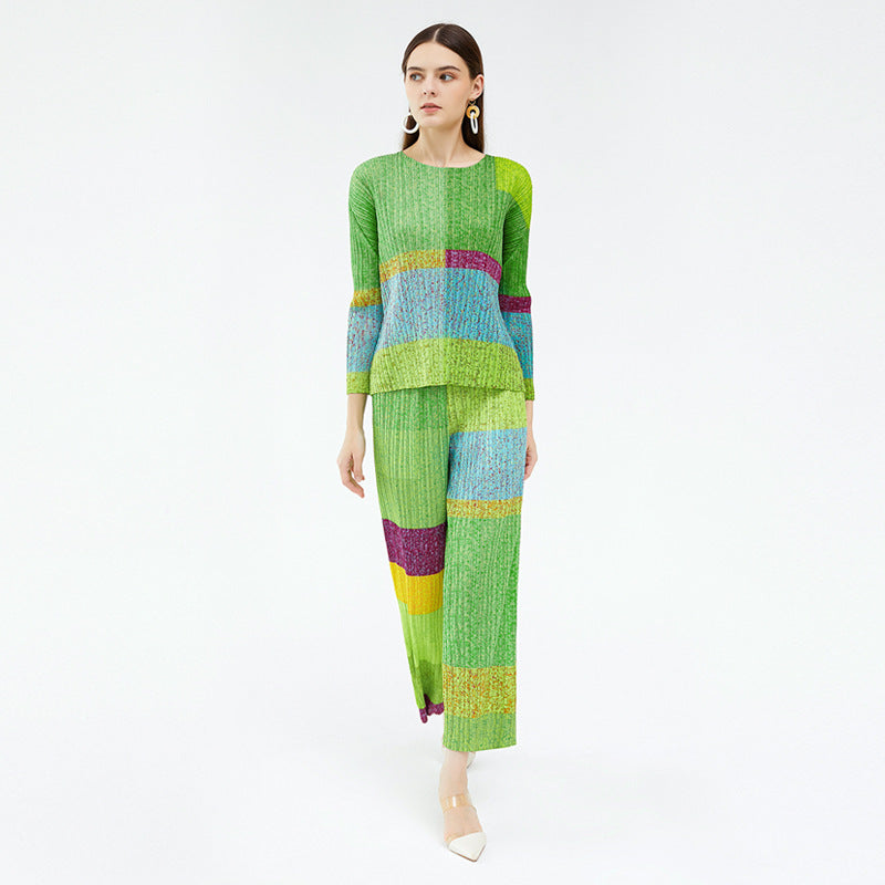 Printing Color Contrast Casual Thin Suit Long-Sleeved Top Drooping Straight Pants Two-Piece Set for Women