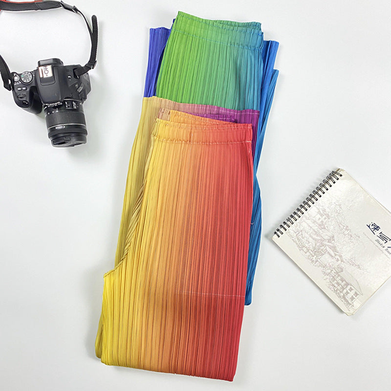 Artistic Pleated Wide-Leg Pants Women Loose plus Size Waist Gradient Rainbow Pants Straight-Leg Trousers Women