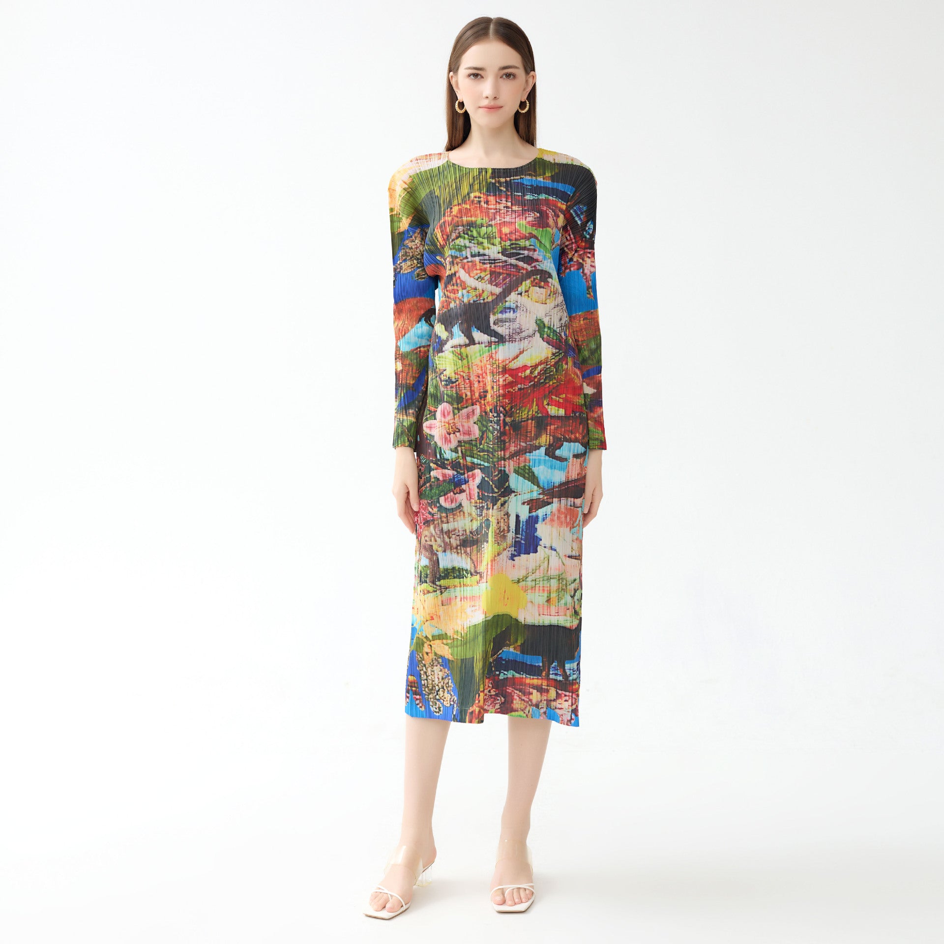 Dress Women's Jurassic Print Long Sleeve round Neck A- line Skirt Long Color Skirt