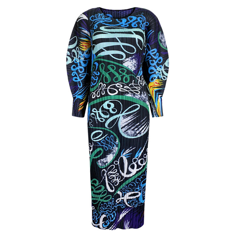 Printed Dress Pleated Waist Tight Slim-Fit Temperament Mid-Length A- line Skirt for Women
