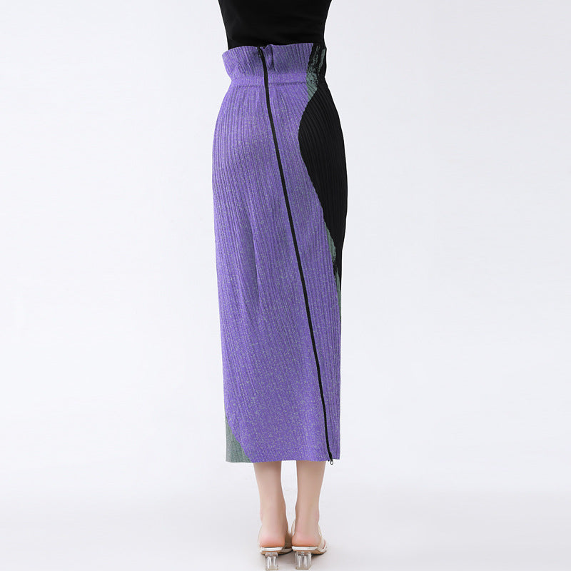 Color Block Printing Waist Skirt Design Pleated Back Zipper Cardigan Slim Skirt