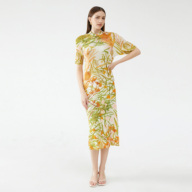 Short Sleeve Printed Cheongsam Dress Elegant Chinese Style Floral Cheongsam Long Dress