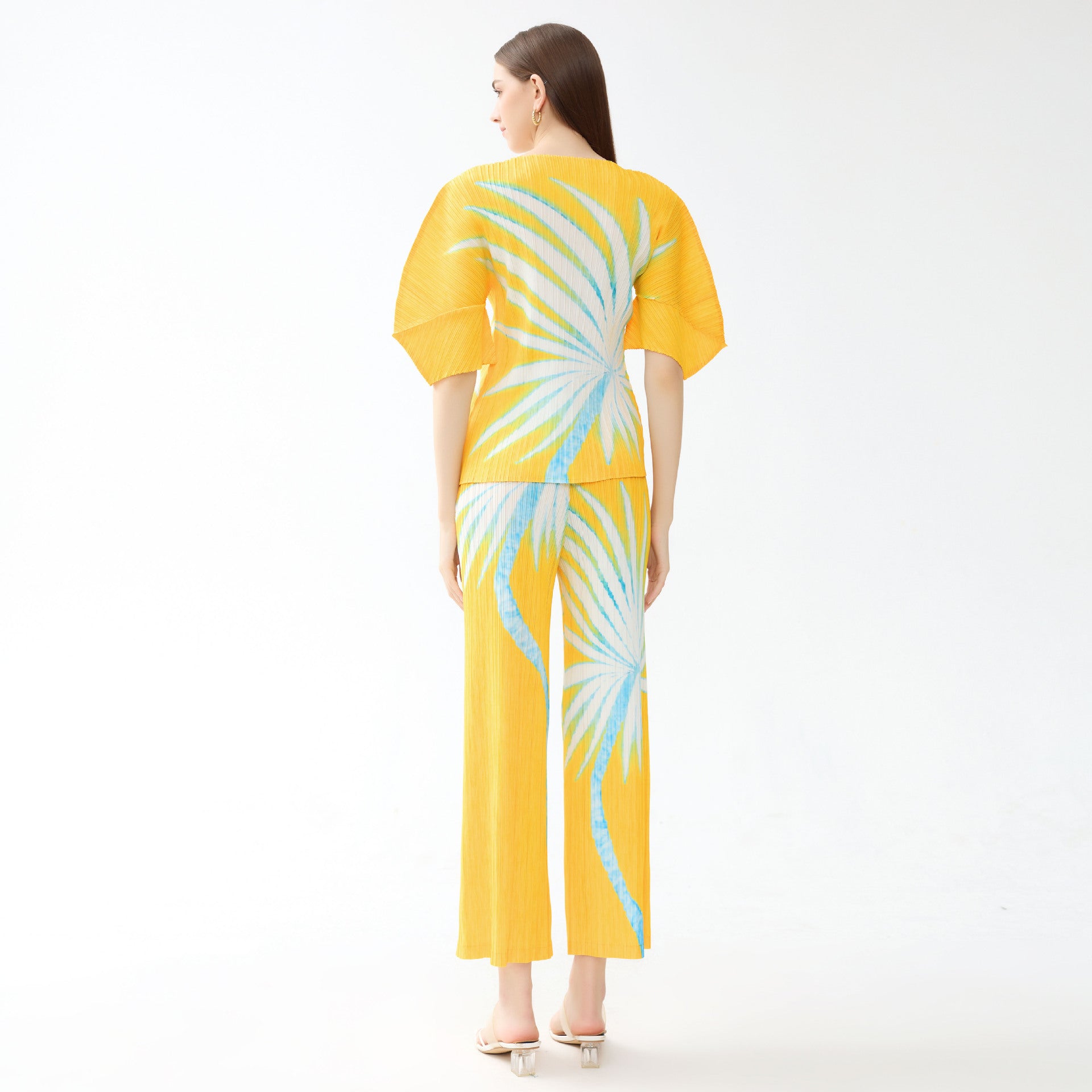 Printed 3/4 Sleeves Straight-Leg Pants Slim Fit Casual Two-Piece Suit