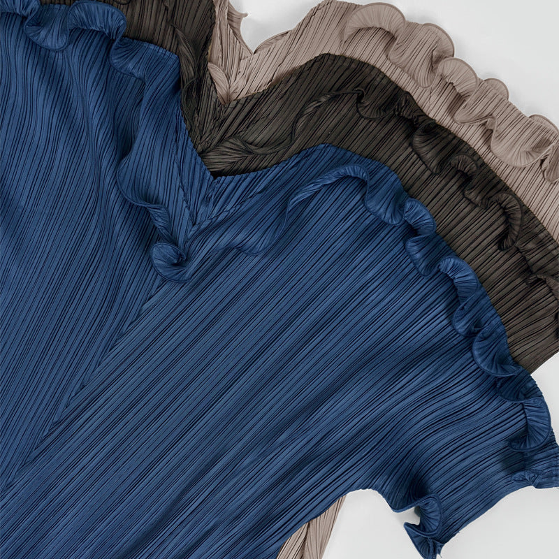 Loose Lotus Leaf Long Sleeve Pleated Dress Temperament Pure Color Loose Bottoming Skirt