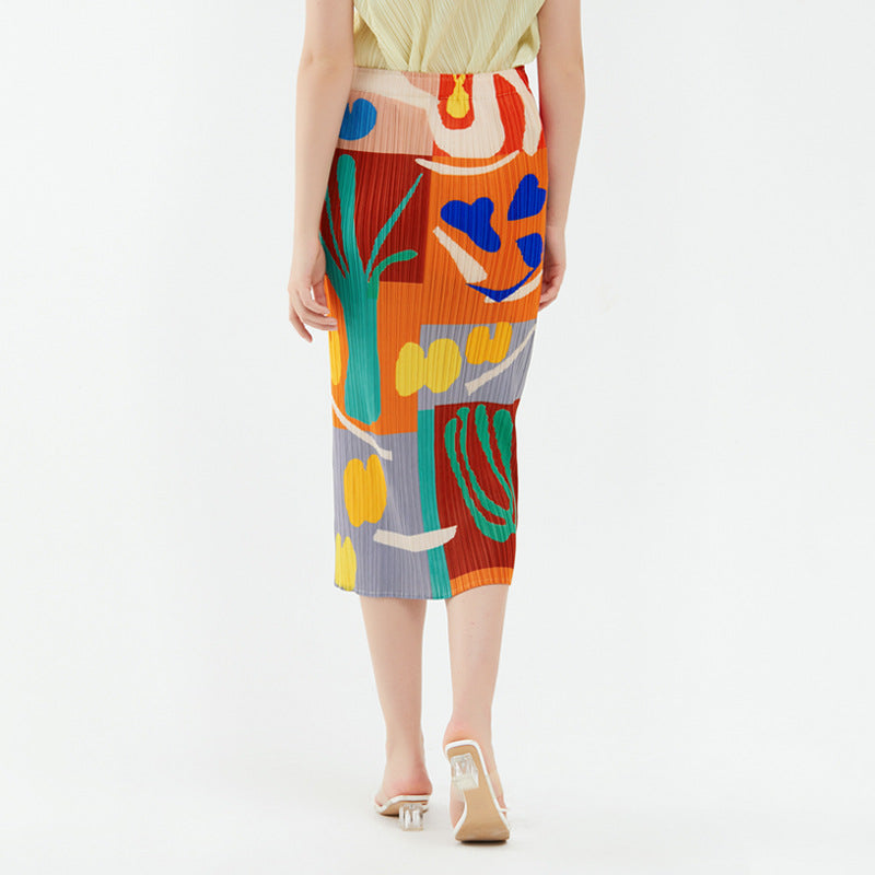 Printed A- line Sheath Skirt Slimming Mid-Length Pleated Skirt for Women