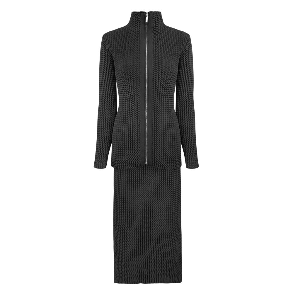 Long Sleeve Stand-up Collar Slim Fit Zipper Woolen Top Thickened Skirt Wave Pleated Two-Piece Suit Women