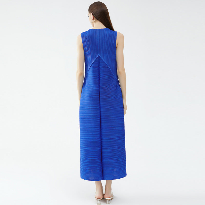 Loose Design Sleeveless Draping Elastic Skirt Folding Long Pleated Casual Dress