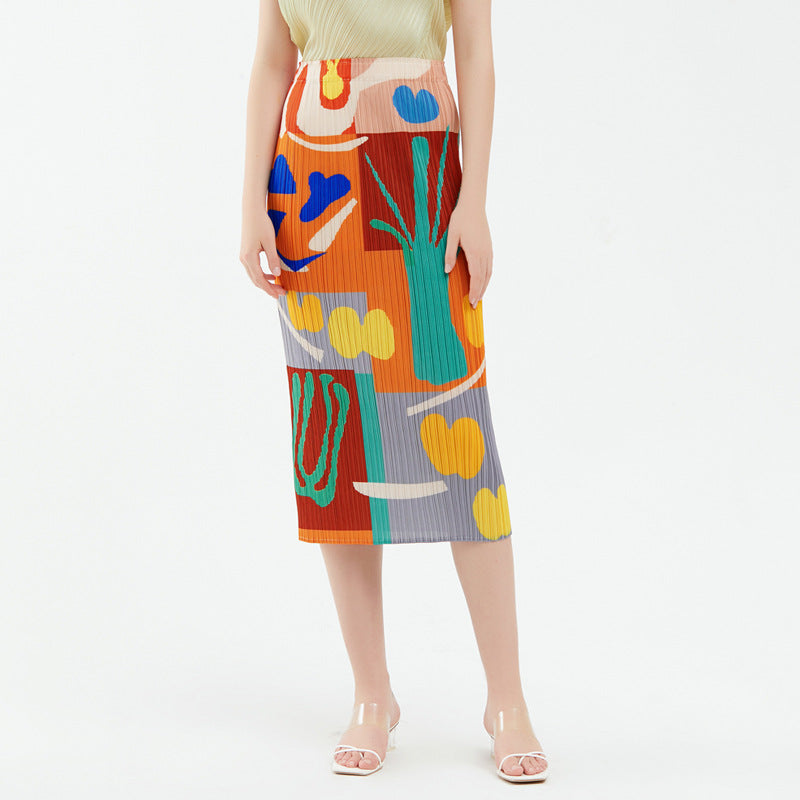 Printed A- line Sheath Skirt Slimming Mid-Length Pleated Skirt for Women