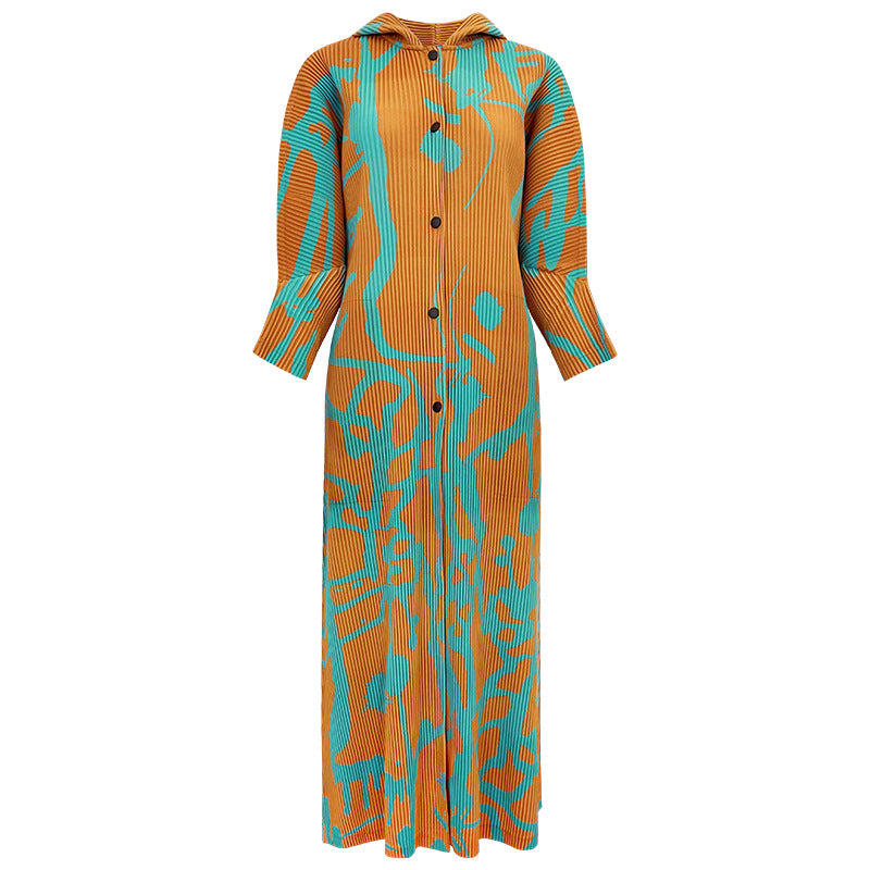 Casual Printed Shawl Women's Autumn Long-Sleeved Single-Breasted Skirt with Hat Dress Women