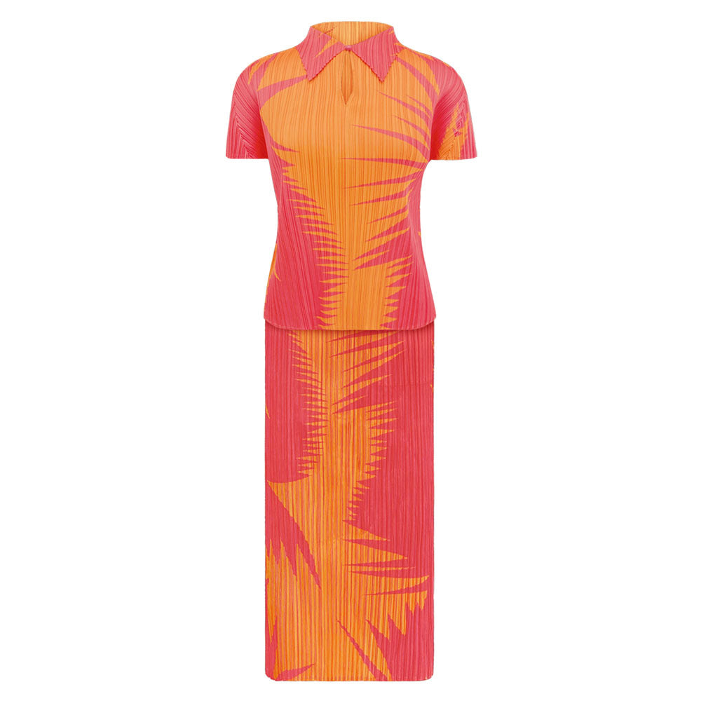 Lapel Short Sleeve Slim-Fit Printed Top Suit Women's Split Skirt Two-Piece Suit