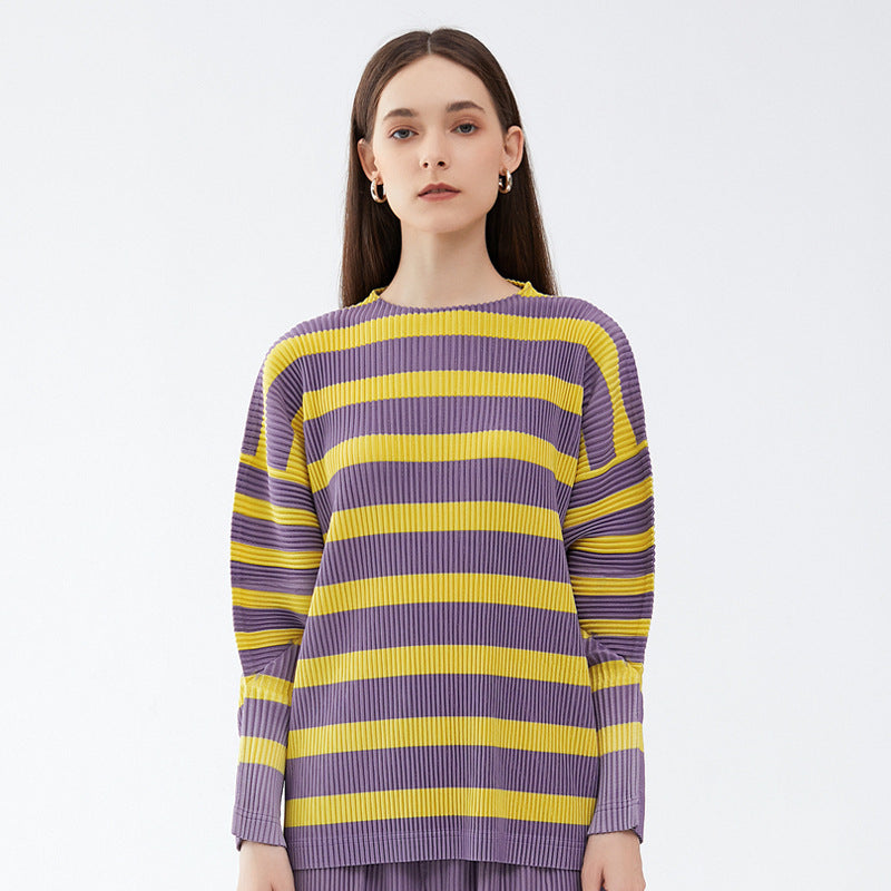 Japanese round Neck Striped Sweater Women's Loose Long Sleeve Casual Slimming Peplum Top