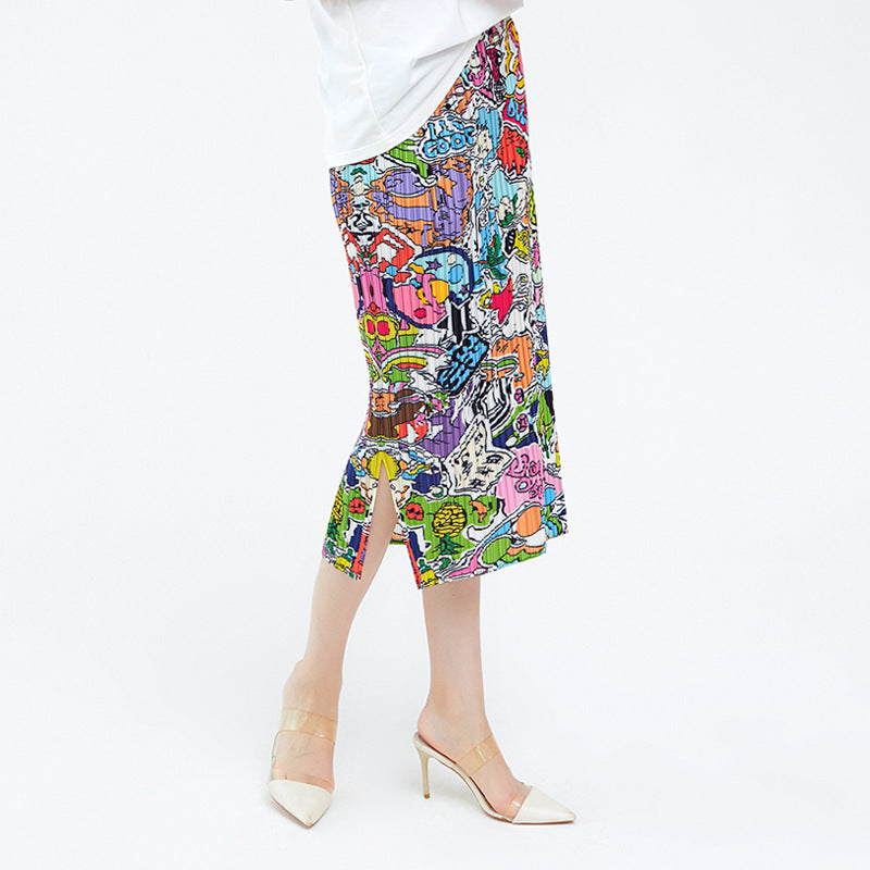 Graffiti Printing Skirt Long Skirt Slim Fit Slit Sheath A- line Skirt