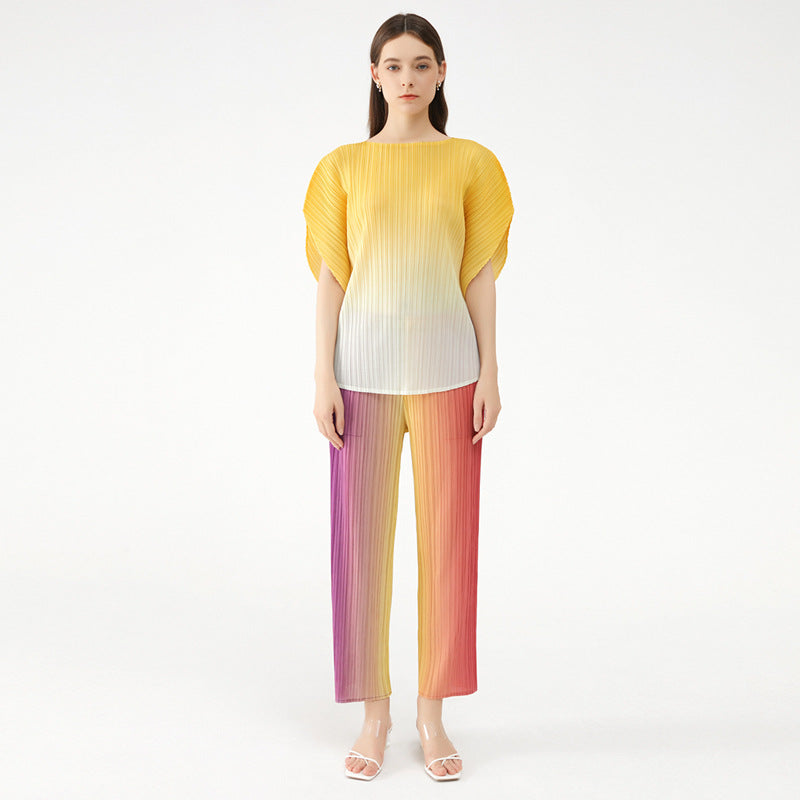 Artistic Pleated Wide-Leg Pants Women Loose plus Size Waist Gradient Rainbow Pants Straight-Leg Trousers Women